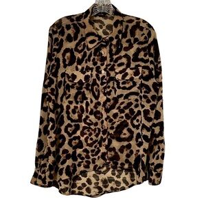 🔵VARGA Leopard Print Button Down Shirt Size L Brown Tan